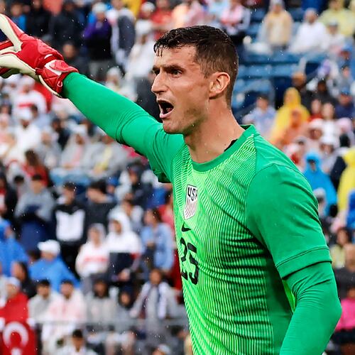 FILE - United States goalie Matt Freese (25) directs his team during the first half of an international friendly soccer game against Turkey, Saturday, June 7, 2025, in East Hartford, Conn. (AP Photo/Mary Schwalm, File)