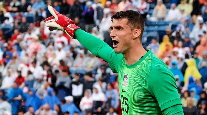 FILE - United States goalie Matt Freese (25) directs his team during the first half of an international friendly soccer game against Turkey, Saturday, June 7, 2025, in East Hartford, Conn. (AP Photo/Mary Schwalm, File)