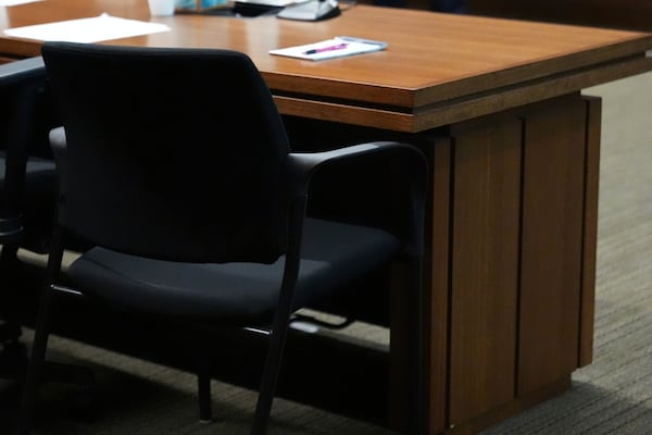 Robert Crimo III, who did not appear, seat is empty at the defense table during the sentencing hearing for Crimo III., at the Lake County Courthouse, in Waukegan, Ill., Wednesday, April 23, 2025. (AP Photo/Nam Y. Huh, Pool)