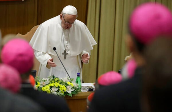 FILE - Pope Francis prays at the beginning of the third day of a Vatican's conference on dealing with sex abuse by priests, at the Vatican, Saturday, Feb. 23, 2019. (AP Photo/Alessandra Tarantino, Pool, file)