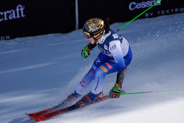 Italy's Federica Brignone celebrates after a women's giant slalom run at the World Cup Finals, Tuesday, March 25, 2025, in Sun Valley, Idaho. (AP Photo/John Locher)