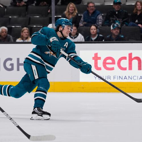 San Jose Sharks center Macklin Celebrini (71) shoots during the first period of an NHL hockey game against the Winnipeg Jets, Friday, Nov. 7, 2025, in San Jose, Calif. (AP Photo/Godofredo A. Vásquez)