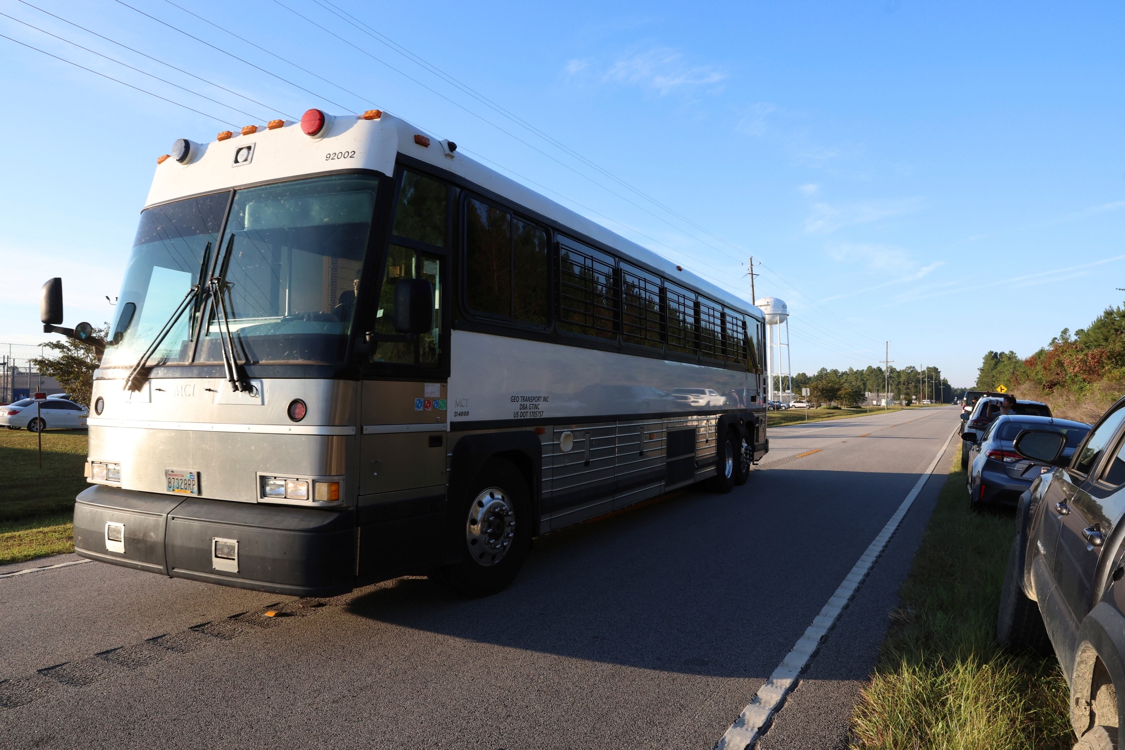 A bus leaves the Folkston Immigration and Customs Enforcement processing center on Wednesday, Sept. 10, 2025, in Folkston. (Gary McCullough/AP)