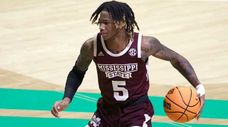 Mississippi State guard Deivon Smith (5) handles the ball against Richmond during the first half of the NIT semifinals Thursday, March 25, 2021, in Denton, Texas. (Ron Jenkins/AP)