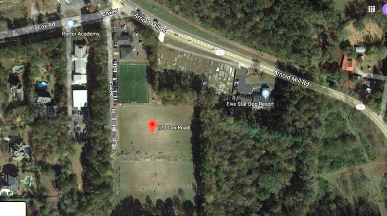 Aerial photo depicts the Porter Academy (left) and adjacent soccer and lacrosse fields recently acquired by the city of Milton. The Milton City Council has approved a reciprocal facility use agreement to share access with the school. GOOGLE MAPS