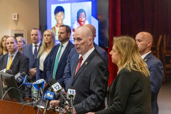 Detective Captain Stephen Fitzpatrick stands with Nassau Police Commissioner Patrick Ryder and Nassau District Attorney Ann Donnelly and other local and federal law enforcement agencies as he releases the name of a woman and toddler whose remains were discovered scattered along an oceanfront highway not far from the victims of Long Island’s infamous Gilgo Beach killings on Wednesday, April 23, 2025 in Mineola, N.Y. (Howard Schnapp/Newsday via AP)