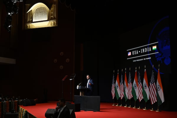 U.S. Vice President JD Vance delivers remarks at the Rajasthan International Centre in Jaipur, India, Tuesday, April 22, 2025. (Kenny Holston/The New York Times via AP, Pool)