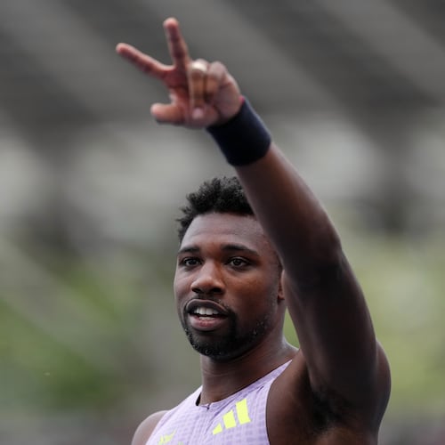 Noah Lyles, of the United States, gestures after finishing second in the men's 100 meters at the Meeting de Paris Diamond League athletics meet in Paris, Sunday, June 28, 2026. (AP Photo/Aurelien Morissard)