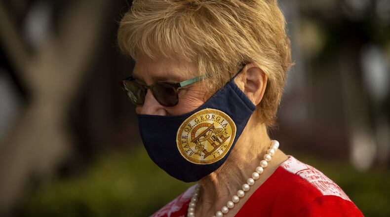 Georgia Department of Public Health (DPH) Commissioner Dr. Kathleen Toomey prepares to speak at the Peachtree Dekalb Airport in Atlanta, Georgia, on July 1, 2020. REBECCA WRIGHT FOR THE AJC