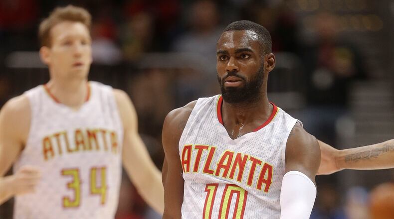Atlanta Hawks guard Tim Hardaway Jr. (10) reacts after hitting a basket in the first half of an NBA basketball game against the Chicago Bulls Friday, Jan. 20, 2017, in Atlanta. Atlanta won 102-93. (AP Photo/John Bazemore)