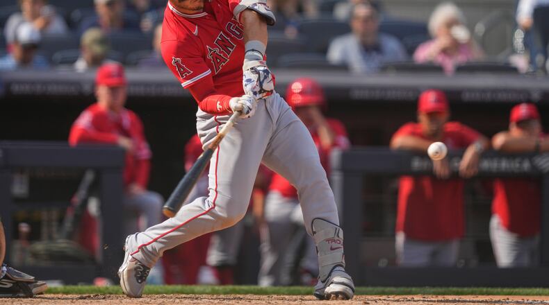 Los Angeles Angels' Mike Trout (27) hits a home run during the seventh inning of a baseball game against the New York Yankees, Thursday, April 16, 2026, in New York. (AP Photo/Yuki Iwamura)
