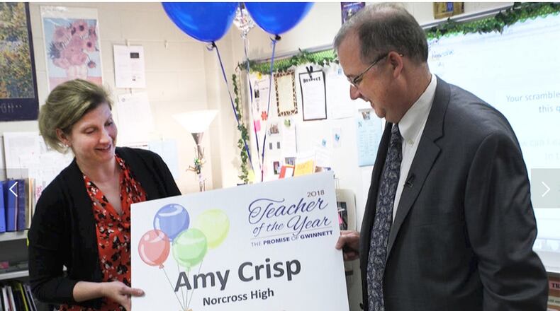 Amy Crisp was one of six Gwinnett County teachers surprised in class with the announcement that they were finalists for the district's Teacher of the Year award.