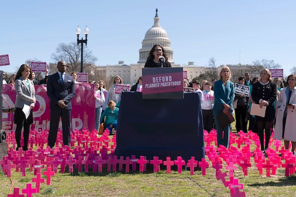 Kristan Hawkins, president of Students for Life of America, speaks during an anti-abortion rally on Capitol Hill in Washington, Thursday, March 27, 2025. (AP Photo/Jose Luis Magana)