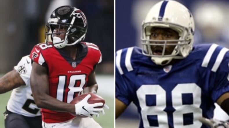 Atlanta Falcons wide receiver Calvin Ridley (18) against the Saints on Sunday, Sept. 23, 2018 at Mercedes-Benz Stadium. (By Bob Andres/ajc.com); Former Colts wide receiver Marvin Harrison (By Michael Conroy/Associated Press)