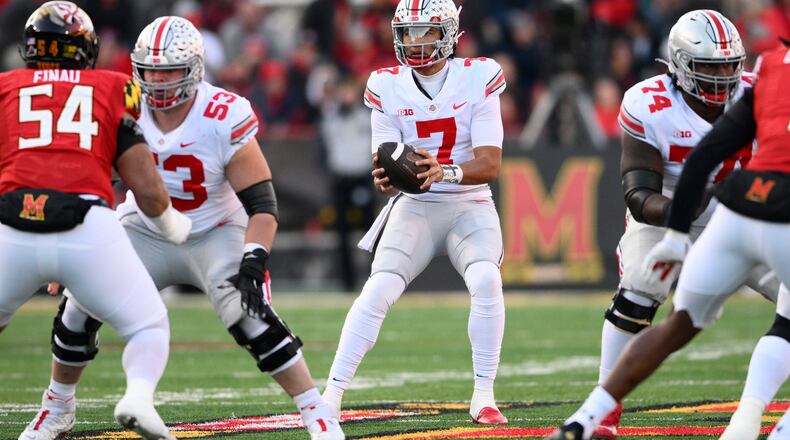Quarterback C.J. Stroud and the Ohio State Buckeyes will face Georgia in the Chick-fil-A Peach Bowl Dec. 31 at Mercedes-Benz Stadium in Atlanta. (AP file photo/Nick Wass)