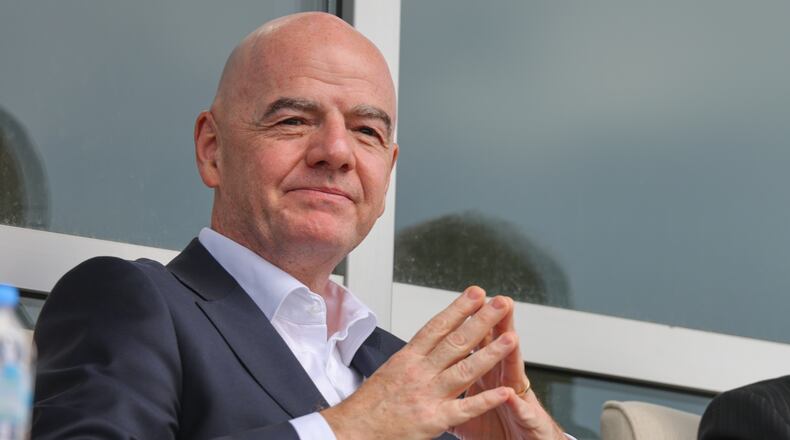 FIFA President Gianni Infantino follows a friendly soccer match between Iran and Costa Rica, in Antalya, southern Turkey, Tuesday, March 31, 2026. (AP Photo/Riza Ozel)