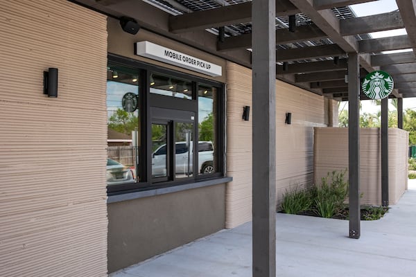 A view of the exterior shows a 3D printed Starbucks building Monday, April 28, 2025, in Brownsville, Texas. (AP Photo/Michael Gonzalez)
