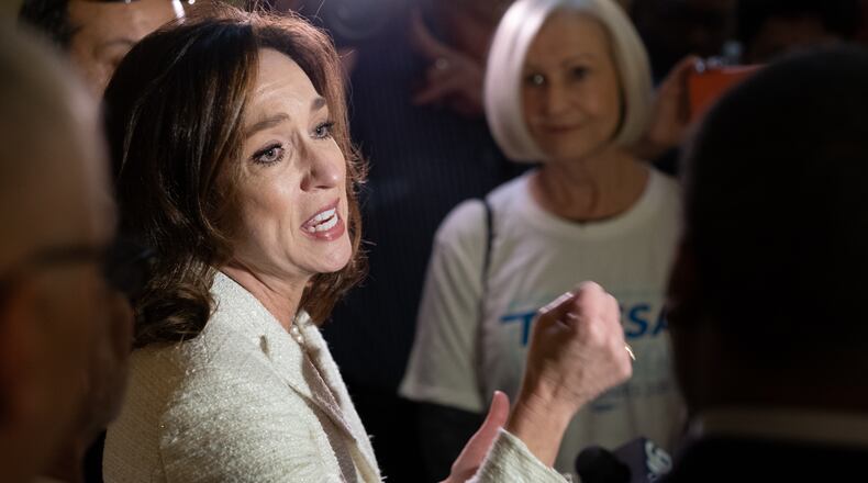 200302-ATLANTA-Teresa Tomlinson, former mayor of Columbus, speaks to the media before qualifying to run for the U.S. Senate Monday morning March 2, 2020 at the Georgia State Capitol. BenGray.com / Special
