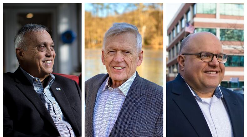 Three candidates are running to be the Republican nominee for Cobb County Commission chairman. Left to right: Incumbent Chairman Mike Boyce; retired businessman Larry Savage; retired police officer Ricci Mason.