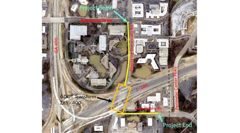 Sandy Springs project with MARTA will add a bicycle/pedestrian facility on the west side of Peachtree Dunwoody Road from just north of I-285 to Hammond Drive. Plans also include bike and sidewalk improvements on Lake Hearn Drive from Peachtree Dunwoody Road to Sandy Springs city limits. (Courtesy City of Sandy Springs)