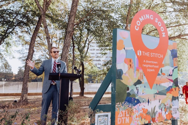 Jack Cebe, the Stitch's project director, unveiled new renderings and details on the planned elevated park atop Atlanta’s Downtown Connector on Wednesday, Oct. 22, 2025. (Courtesy of Atlanta Downtown Improvement District)