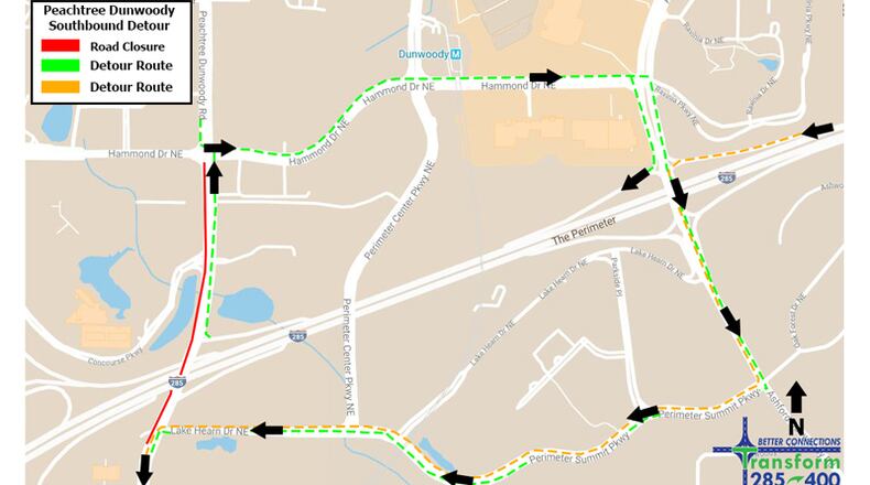 Map depicts recommended detours when southbound Peachtree Dunwoody Road is closed at Ga. 400 in the Perimeter area. GEORGIA DEPARTMENT OF TRANSPORTATION