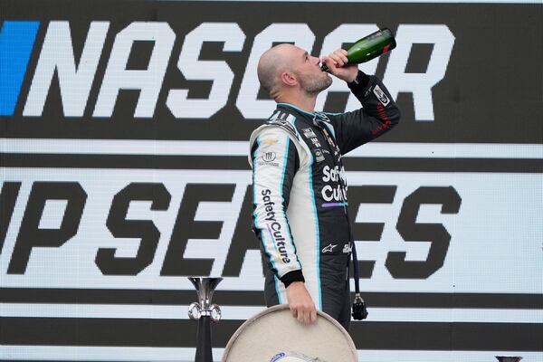 Shane Van Gisbergen celebrates after winning a NASCAR Cup Series auto race at Hermanos Rodríguez race track in Mexico City, Sunday, June 15, 2025. (AP Photo/Fernando Llano)