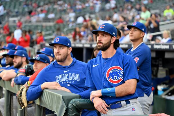 Chicago Cubs' shortstop Dansby Swanson (7) watches a video presentation before Atlanta Braves home game against Chicago Cubs at Truist Park, Tuesday, September 26, 2023, in Atlanta. (Hyosub Shin / Hyosub.Shin@ajc.com)