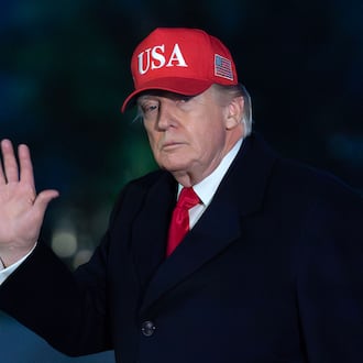 President Donald Trump waves to reporters as he walks on the South Lawn upon his arrival at the White House, Sunday, April 12, 2026, in Washington. (Jose Luis Magana/AP)