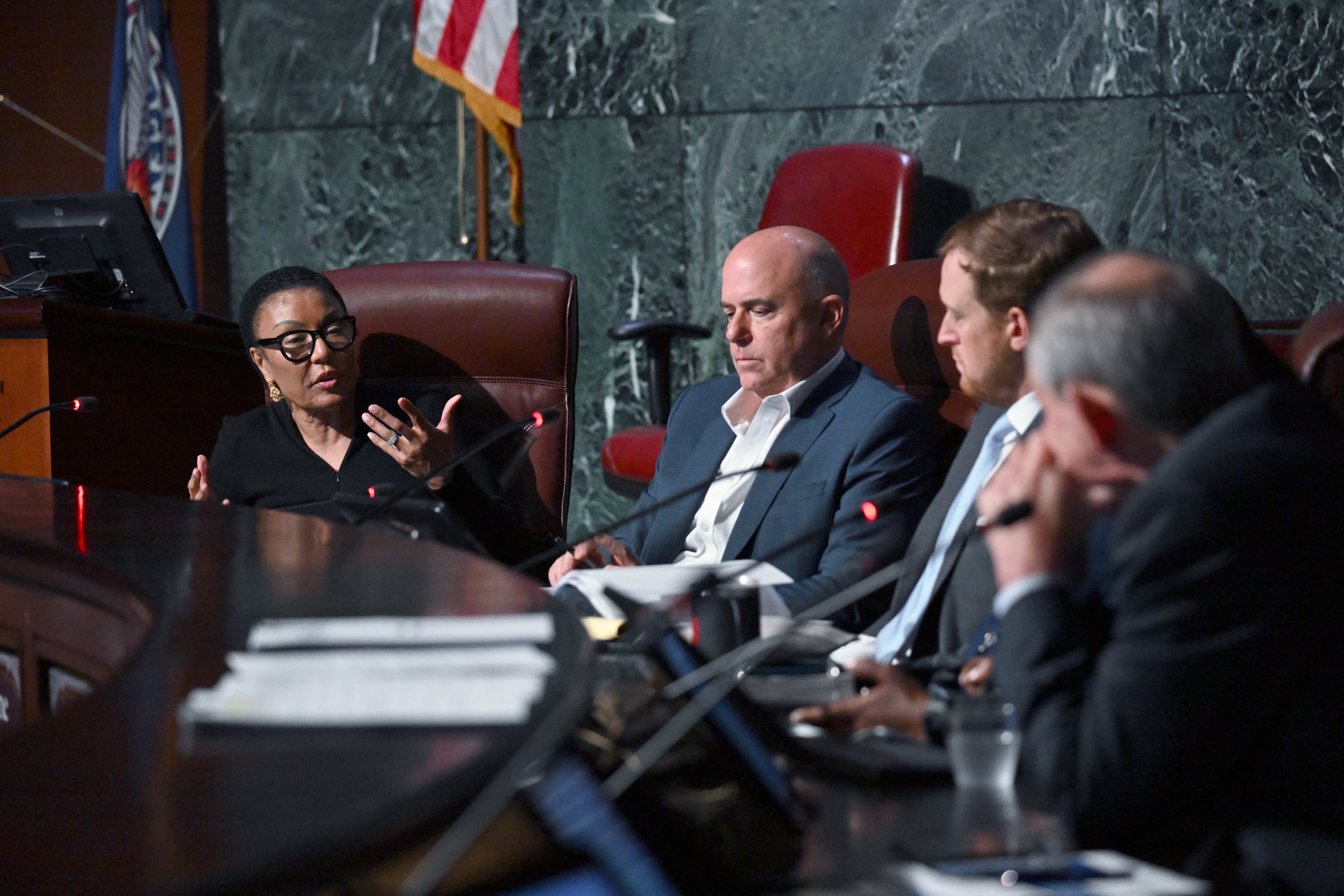 Leah Ward Sears (left) confers with other task force members during the first meeting of a task force established to review the inspector general's authority at Atlanta City Hall, Tuesday, Sept. 24, 2024, in Atlanta. (Hyosub Shin/AJC