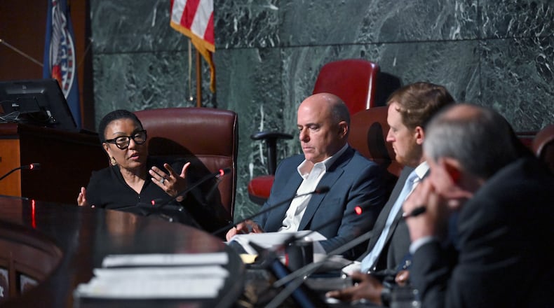 Chair woman Leah Ward Sears (left) confers with other task force members during the first meeting of a task force established to review the inspector general's authority at Atlanta City Hall, Tuesday, September 24, 2024, in Atlanta. The task force established to review the procedures of the Office of the Inspector General and Ethics Office met for the first time Tuesday. (Hyosub Shin / AJC)