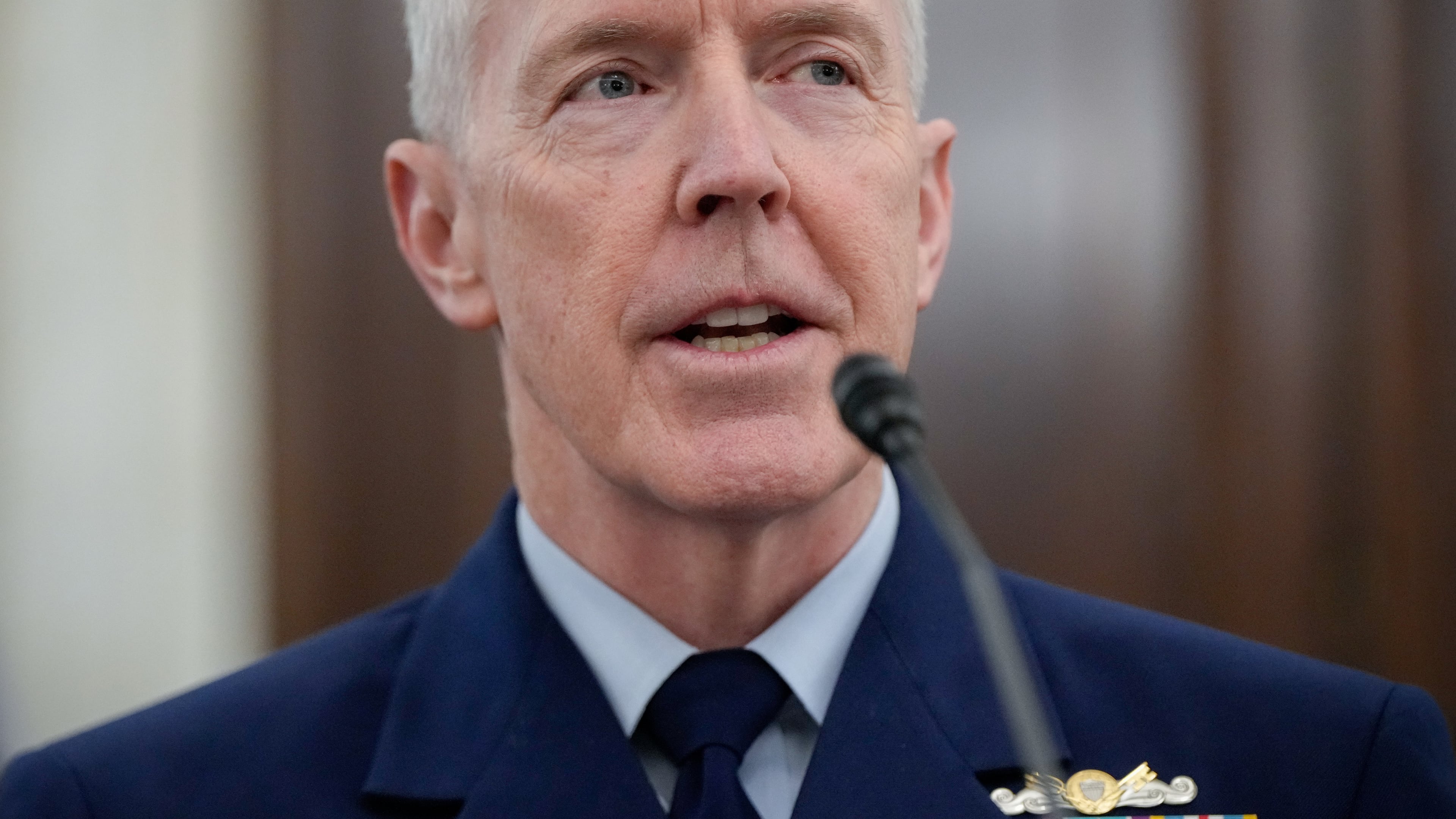 Adm. Kevin Lunday, acting commandant of the U.S. Coast Guard, speaks during a Senate Commerce, Science and Transportation Committee hearing on his nomination for Commandant of the Coast Guard, Wednesday, Nov. 19, 2025, on Capitol Hill in Washington. (AP Photo/Julia Demaree Nikhinson)