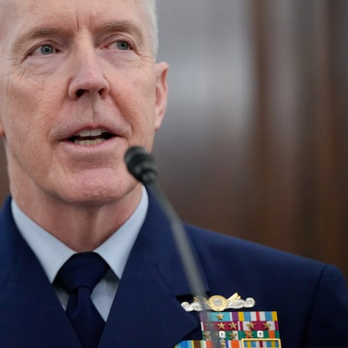 Adm. Kevin Lunday, acting commandant of the U.S. Coast Guard, speaks during a Senate Commerce, Science and Transportation Committee hearing on his nomination for Commandant of the Coast Guard, Wednesday, Nov. 19, 2025, on Capitol Hill in Washington. (AP Photo/Julia Demaree Nikhinson)