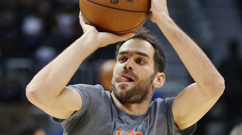 Atlanta Hawks guard Jose Calderon warms up before the team plays the Golden State Warriors in a NBA basketball game on Monday, March 6, 2017, in Atlanta. Curtis Compton/ccompton@ajc.com