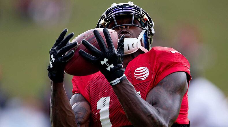 Falcons receiver Julio Jones makes a catch during Wednesday's training camp practice. It was the first live action this summer for the All-Pro receiver, who had foot surgery in the offseason.
