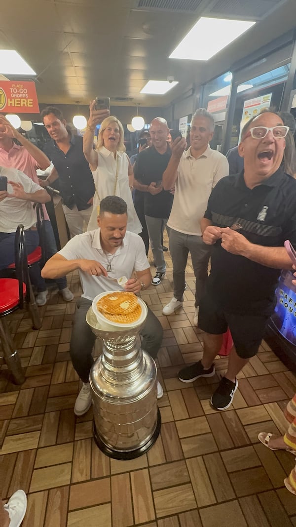Huff ended his day with the Stanley Cup at a Buckhead Waffle House, where he ate waffles out of the prized trophy’s bowl. When he lived in Atlanta, “I used to go to Waffle House a lot,” he said.  (Courtesy of Mike Huff)