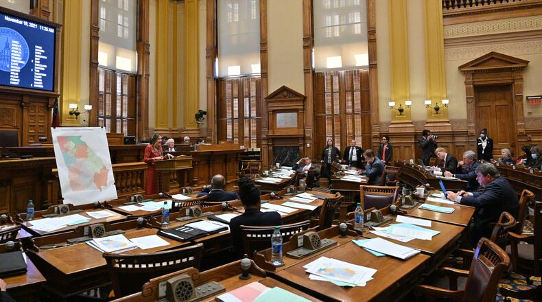 November 19, 2021 Atlanta - Sen. Elena Parent (D-Atlanta) speaks in opposition of SB 2 EX, newly-drawn congressional maps, in the Senate Chambers during a special session at the Georgia State Capitol in Atlanta on Friday, November 19, 2021. (Hyosub Shin / Hyosub.Shin@ajc.com)