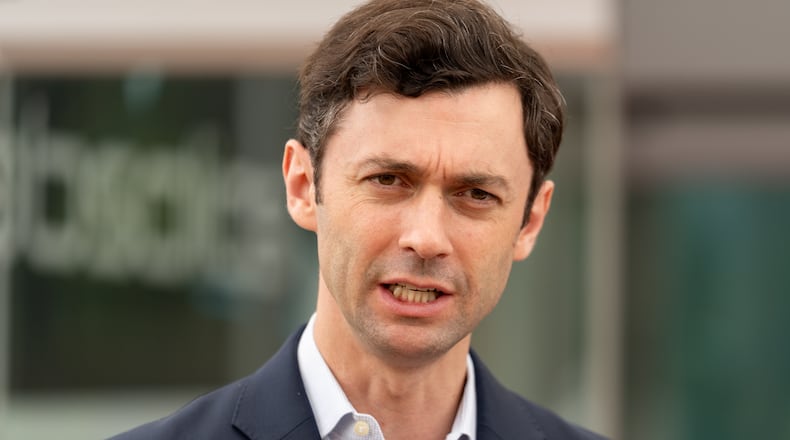 Georgia Senators Jon Ossoff and Raphael Warnock spoke Friday afternoon at Absolics Inc in Covington. This meeting comes after $75 million dollars of funding was approved by The Commerce Department through the CHIPS and Science act. The Senators were joined by SK Americas staff and White House officials. Friday, May 24, 2024 (Ben Hendren for the Atlanta Journal-Constitution)