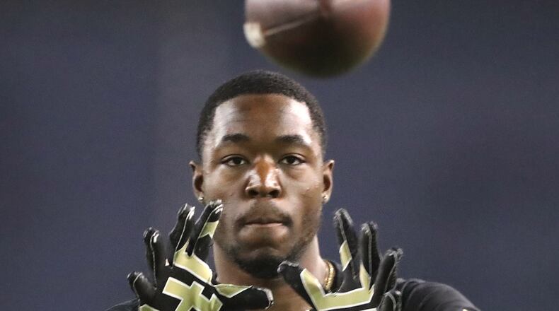 Georgia Tech wide receiver Jalen Camp catches a pass during the school's pro day for NFL scouts Tuesday, March 16, 2021, at Rose Bowl Field and the Mary and John Brock Football Practice Facility in Atlanta. (Curtis Compton / Curtis.Compton@ajc.com)