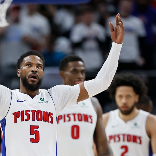 FILE - Detroit Pistons guard Malik Beasley (5) celebrates after scoring against the New York Knicks during the first half of Game 6 of an NBA basketball first-round playoff series Thursday, May 1, 2025, in Detroit. (AP Photo/Duane Burleson, File)