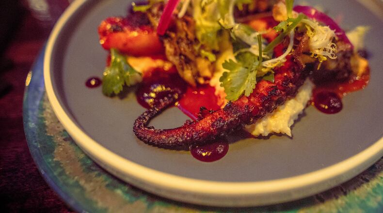Girl Diver's barbecue octopus comes with red cabbage purée, rice grits, XO vinaigrette and chili butter. Courtesy of Girl Diver