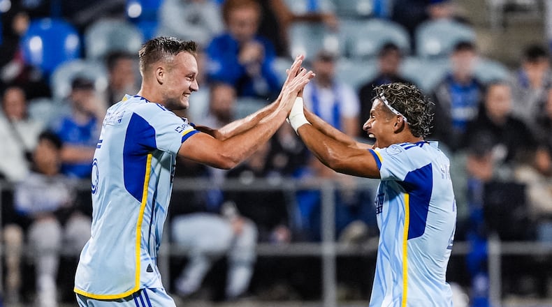 Atlanta United defender Stian Rode Gregersen (left) scores a goal during the match against the CF Montreal at Stade Saputo in Montreal on Tuesday Oct. 22, 2024. (Photo by Brandon Magnus/Atlanta United)