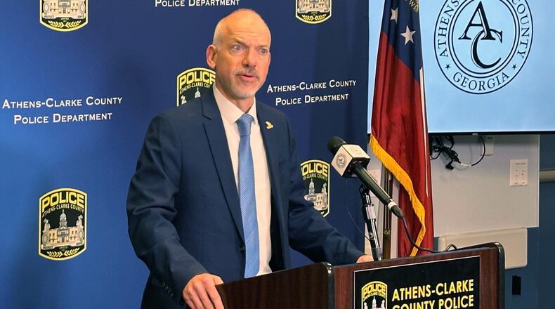 Athens Clarke-County Mayor Kelly Girtz responds Wednesday to Republicans who have criticized the municipality's immigration policies during a press conference Wednesday in Athens following the death of Laken Hope Riley on the University of Georgia campus. Police last week charged Jose Antonio Ibarra, a Venezuelan national, with murder in Riley's death. (Fletcher Page Fletcher.Page@ajc.com)