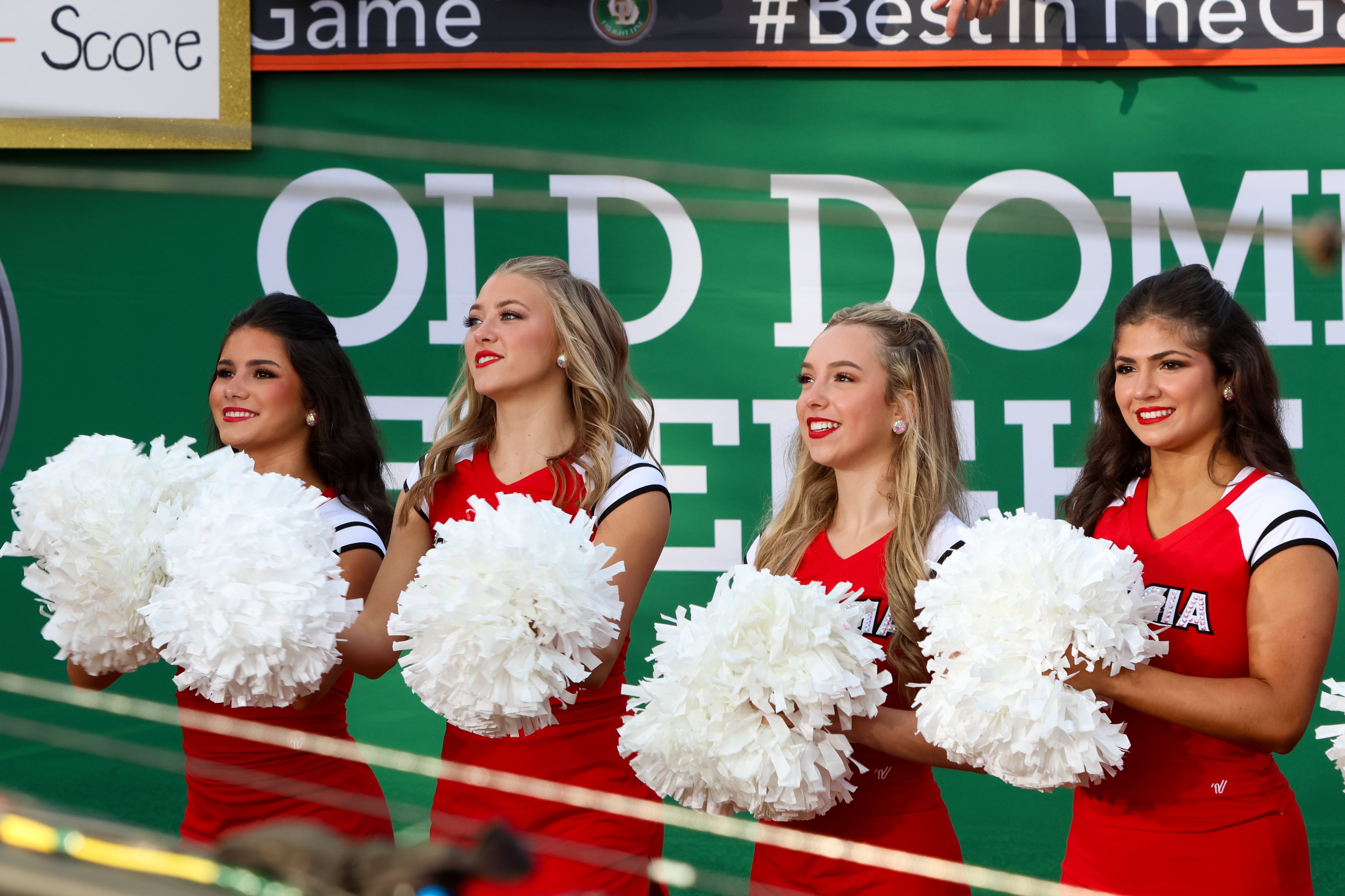 UGA cheerleaders cheer during the ESPN College GameDay broadcast from Myers Quad at UGA on Saturday, Oct. 18, 2025. (C.J. Bartunek for the AJC)