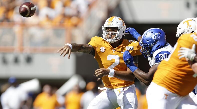 Jarrett Guarantano of the Tennessee Volunteers throws a pass against Georgia State Panthers in the season opener at Neyland Stadium on August 31, 2019 in Knoxville, Tennessee. (Photo by Silas Walker/Getty Images)