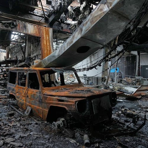 A view of the damages at Hypercar, an auto service center, which according to the company's officials were caused by strikes on March 1, in Tehran, Iran, Saturday, March 28, 2026. (AP Photo/Vahid Salemi)