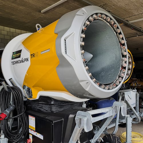 Snow cannons are stored during the summer months at the Adelboden-Lenk ski resort facility in the Lenk valley, Switzerland, Monday, Aug. 3, 2026. (AP Photo/Hernan Munoz)