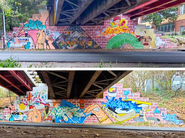 The artist known as RISK and other members of the Atlanta Style Writers Association infuse their works with humor on the retaining walls of the Atlanta Beltline bridge at Ralph McGill Boulevard.
(Arthur Rudick)