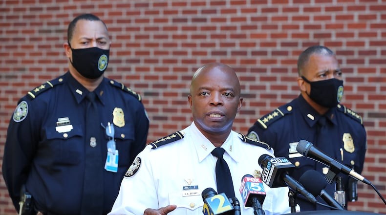 041921 Atlanta: APD Interim Chief Rodney Bryant (center) speaks on preparations in Atlanta for the Derek Chauvin verdict on Monday, April 19, 2021, at the APD Headquarters. Last year, video of the former police officer’s alleged killing of George Floyd, a 46-year-old Black man, prompted days of protests, riots and looting, and demonstrations across the US and world. “Curtis Compton / Curtis.Compton@ajc.com”
