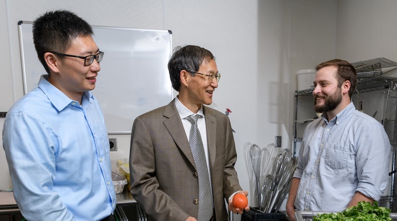 Postdoctoral fellow Bopeng Zhang, Professor Yongsheng Chen and graduate research assistant Thomas Igou from the Georgia Tech School of Civil and Environmental Engineering will pilot a project to use wastewater nutrients to grow lettuce, tomatoes and other fruits and vegetables.